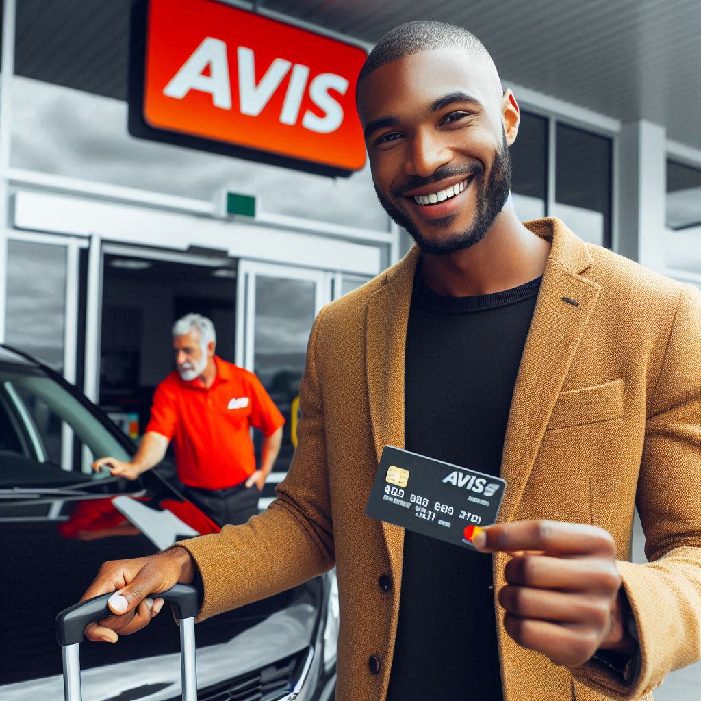 man paying for his avis heathrow airport car rental with a credit card